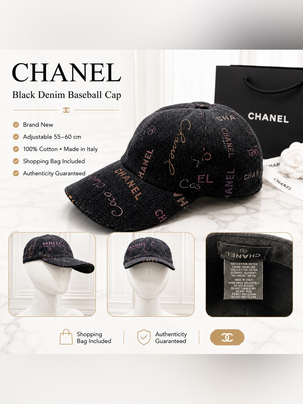 Authentic CHANEL Logo Black Denim Baseball Cap Hat Brand New